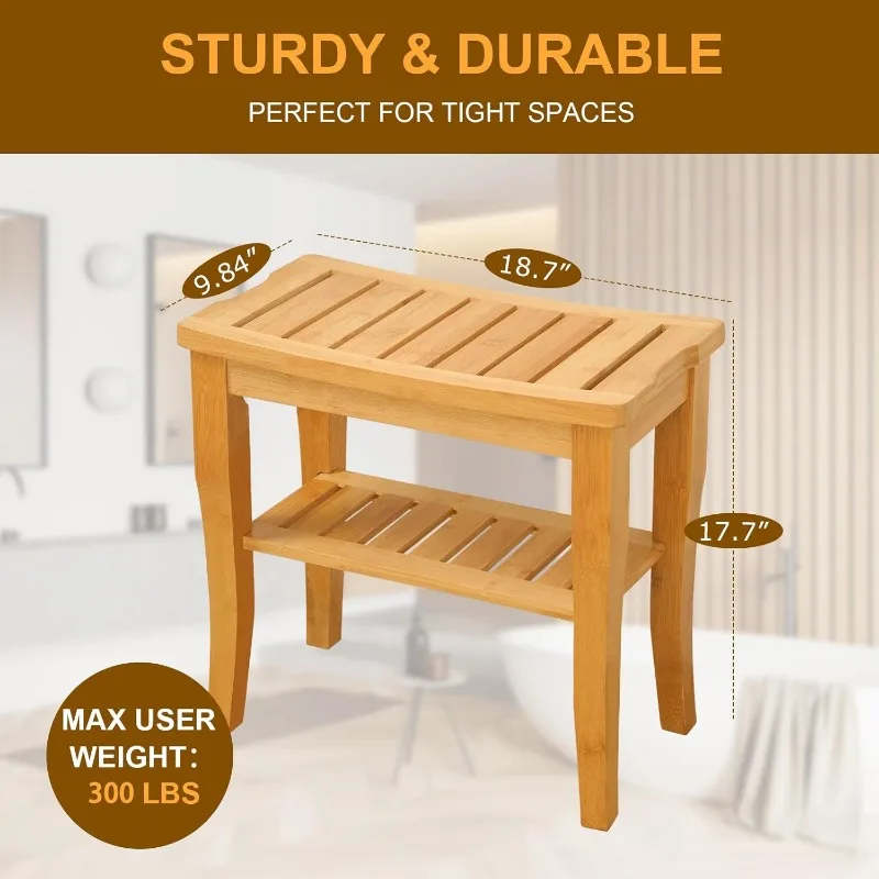 Bamboo Shower Bench - Bathroom Bench Seat with Storage Shelf,19 Inch 2-Tier Wooden Spa Seat Bath Stool