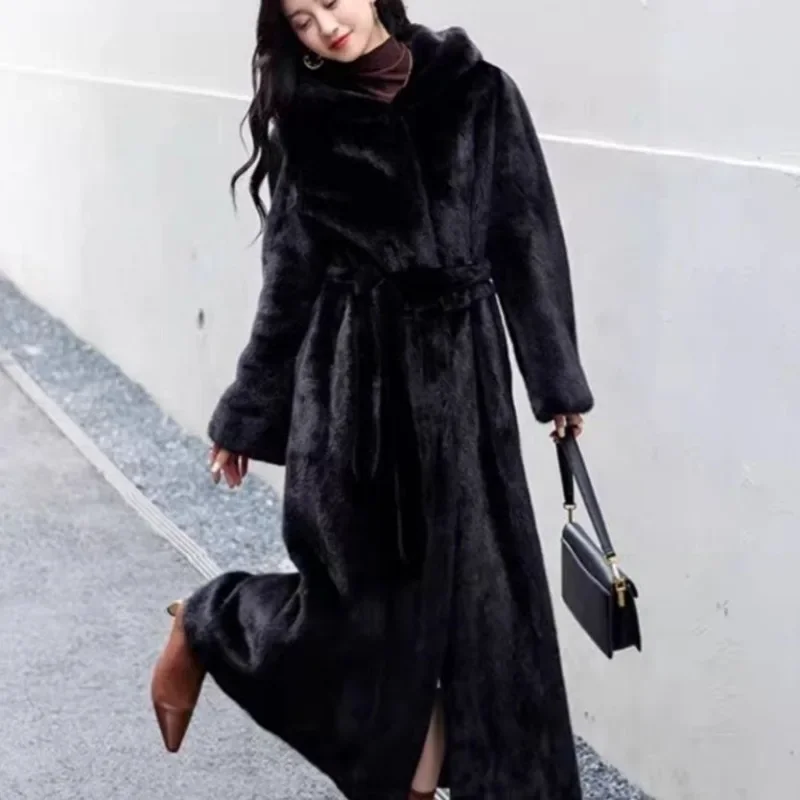 Extended Version Over-the-knee Fur Coat Women Imitation Mink Fur Coats Black Loose Hooded Warm Thickening 2025 Winter Clothing