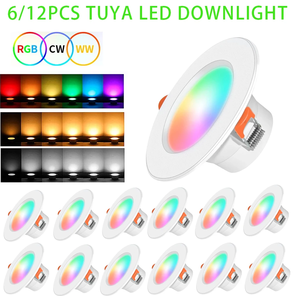 6/12 sztuk Tuya Smart LED Downlight 10/15W AC85-265V Bluetooth wpuszczane oświetlenie punktowe Led RGB + CW + WW kontrola aplikacji współpracuje z