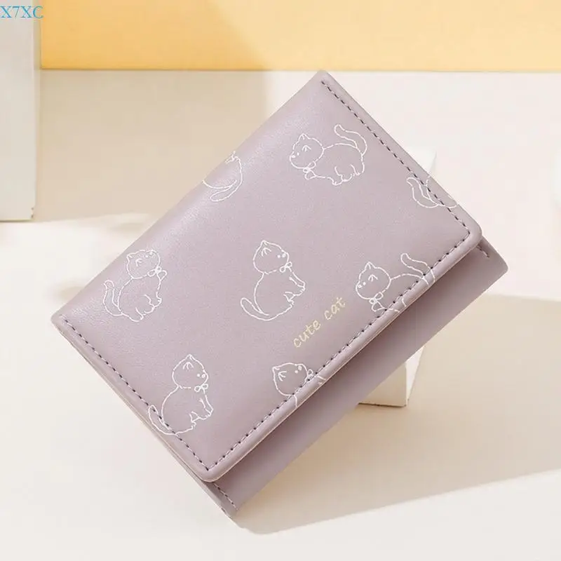 x7xc محفظة ثلاثية للسيدات مع القطط اللطيفة تصاميم محفظة جلدية بوريس محفظة نقدية قصيرة حامل بطاقة ائتمان نقدية