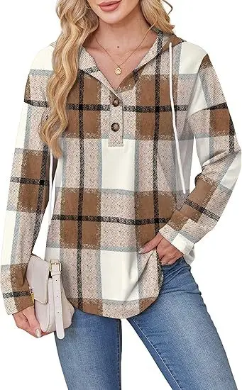 

Женская толстовка в клетку в стиле ретро, осень-зима, свободный и универсальный топ в пригородном стиле, одежда на пуговицах с длинными рукавами и капюшоном с v-образным вырезом