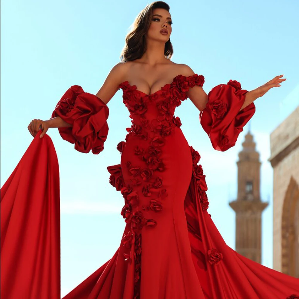 Abiti da fidanzamento personalizzati con fiori rossi Abito da sera formale a sirena monospalla con abito da gala in raso con maniche staccabili