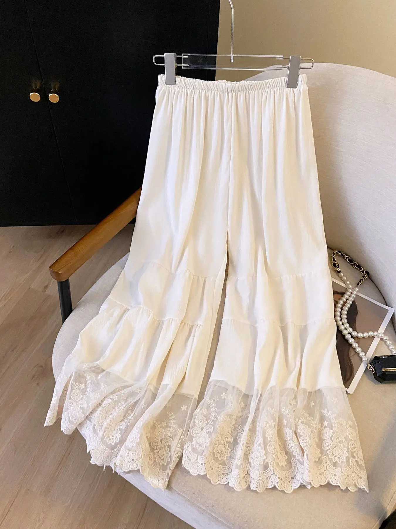 

Japanese Style Wide Leg Pants Women's Artistic Loose Waist Draping Lace Splicing Underwear Base Nine Points Pants