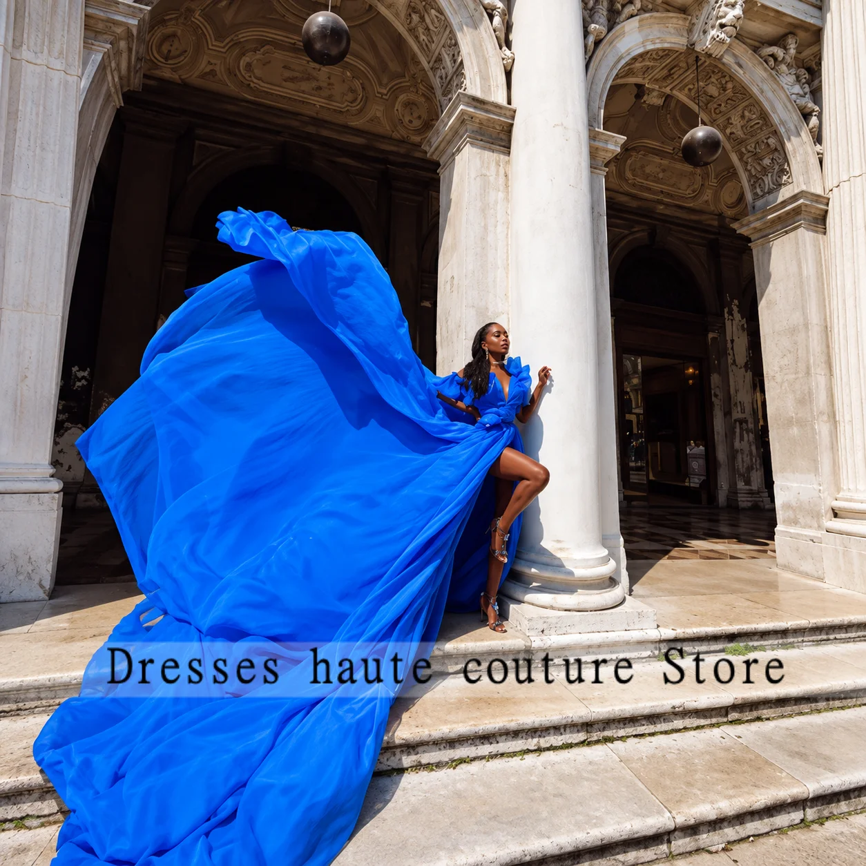 Dream Blue Flowing Dress Extra Long Train Slit Bridal Photoshoot Dresses Silk Chiffon Perform Photography Dress Customized