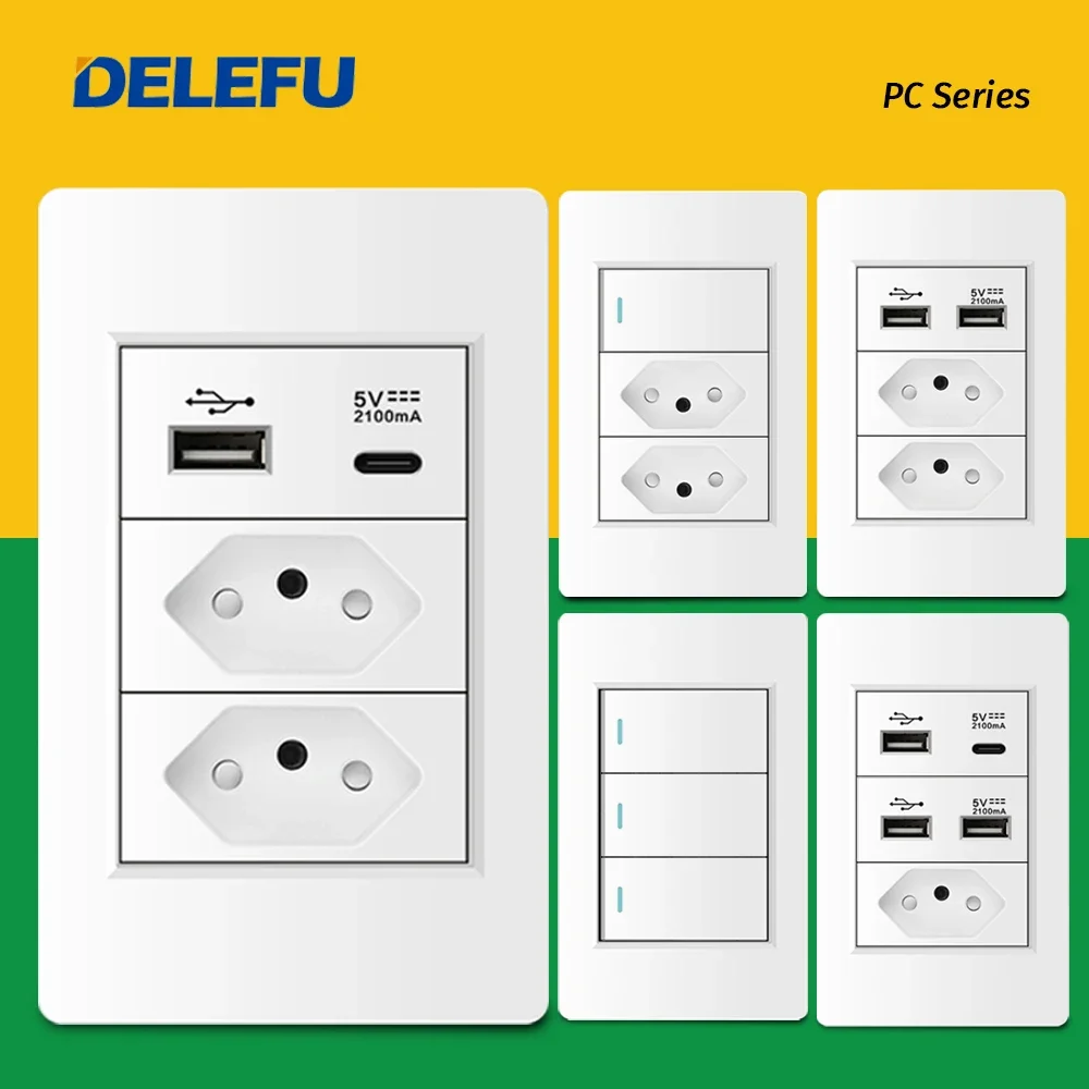 

DELEFU Fireproof PC Panel Brazil Standard Outlet Double USB Type C Wall Power Socket Light Switch Office 118*72mm White 10A 20A