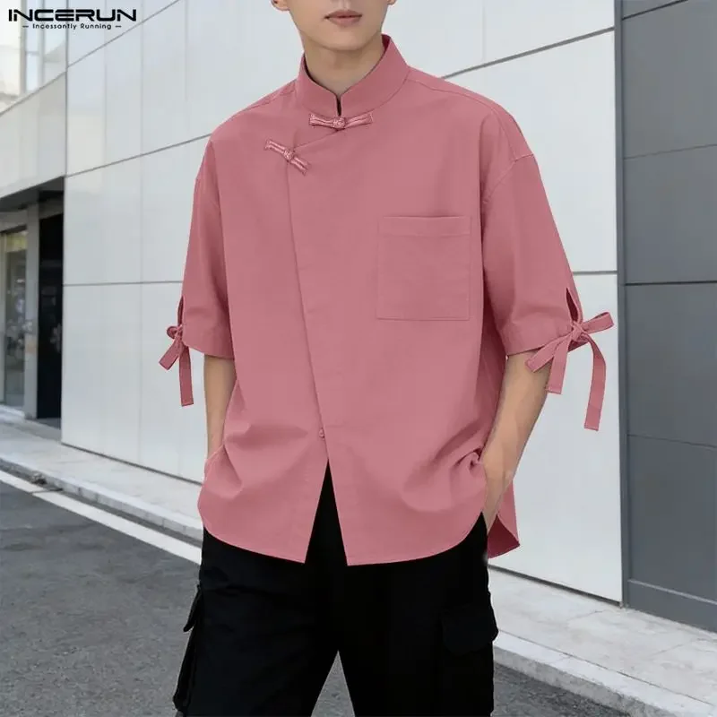 

INCERUN Men's Shirts Solid Color Stand Collar Half Sleeve Men's Clothes Streetwear Summer 2026 Loose Casual Tops Shirts For Man
