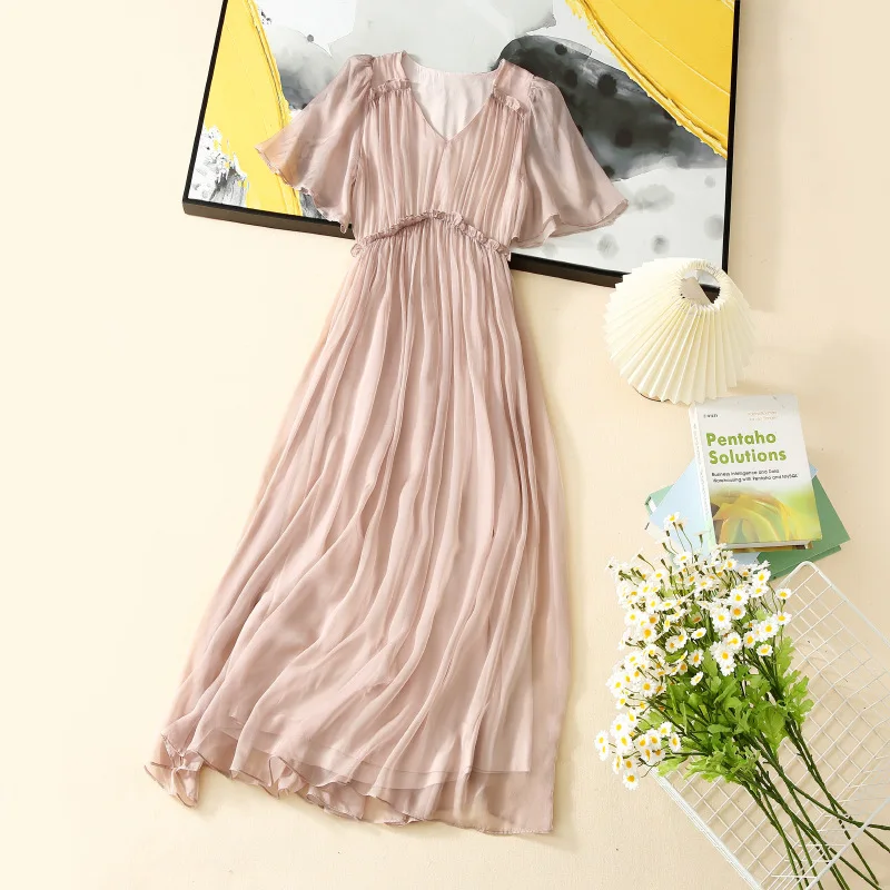 

Birdsky, 1PC Women dress V neck ruffles waist short sleeve 100% real mulberry silk chiffon solid colors, S-775