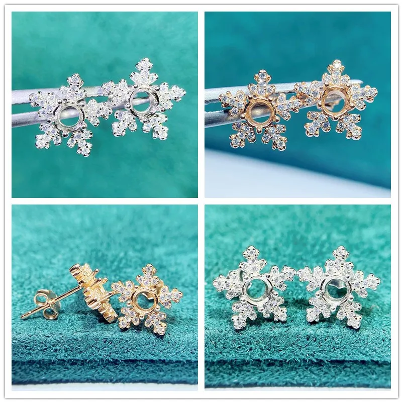 MeiBaPJ 4mm DIY 925 Silver Empty Holder Snowflake Stud Earrings Fine Charm Party Jewelry for Women