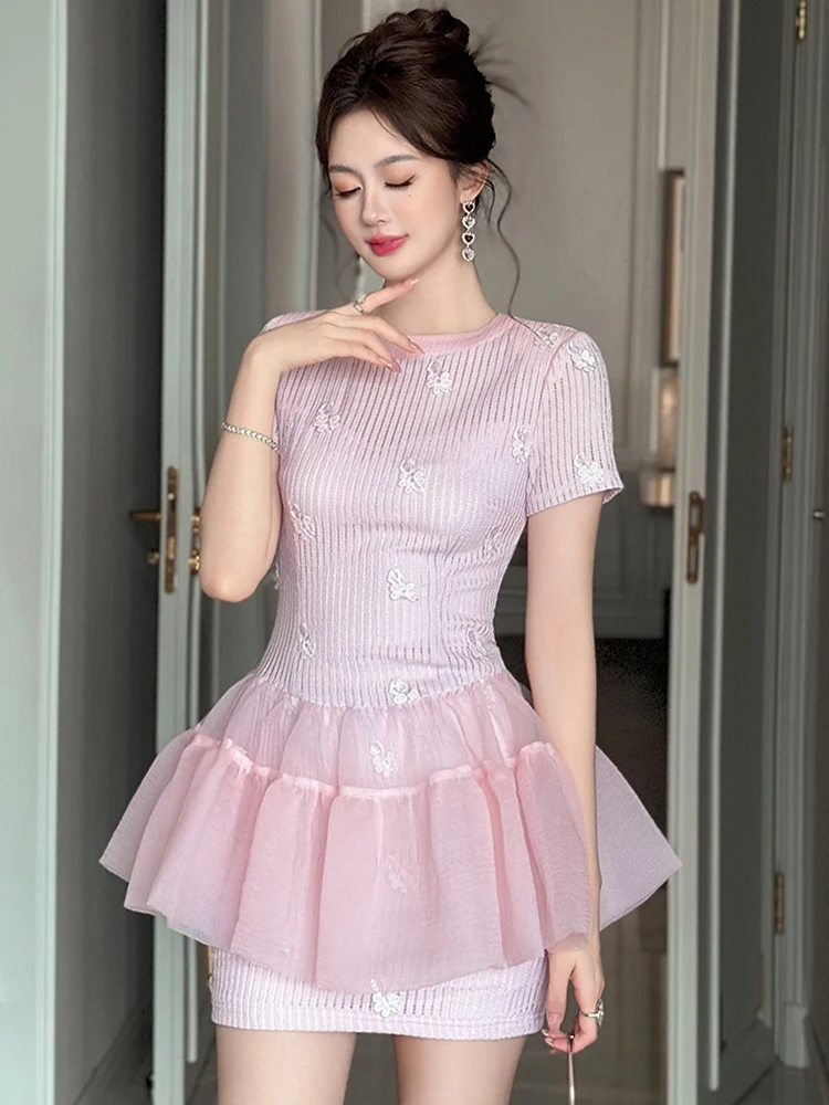 Women Clothes Sweet Solid Floral O-Neck Ruffles Skinny Mini Short Dress Lady Fashion Party Prom Birthday Vestidos Casual Summer