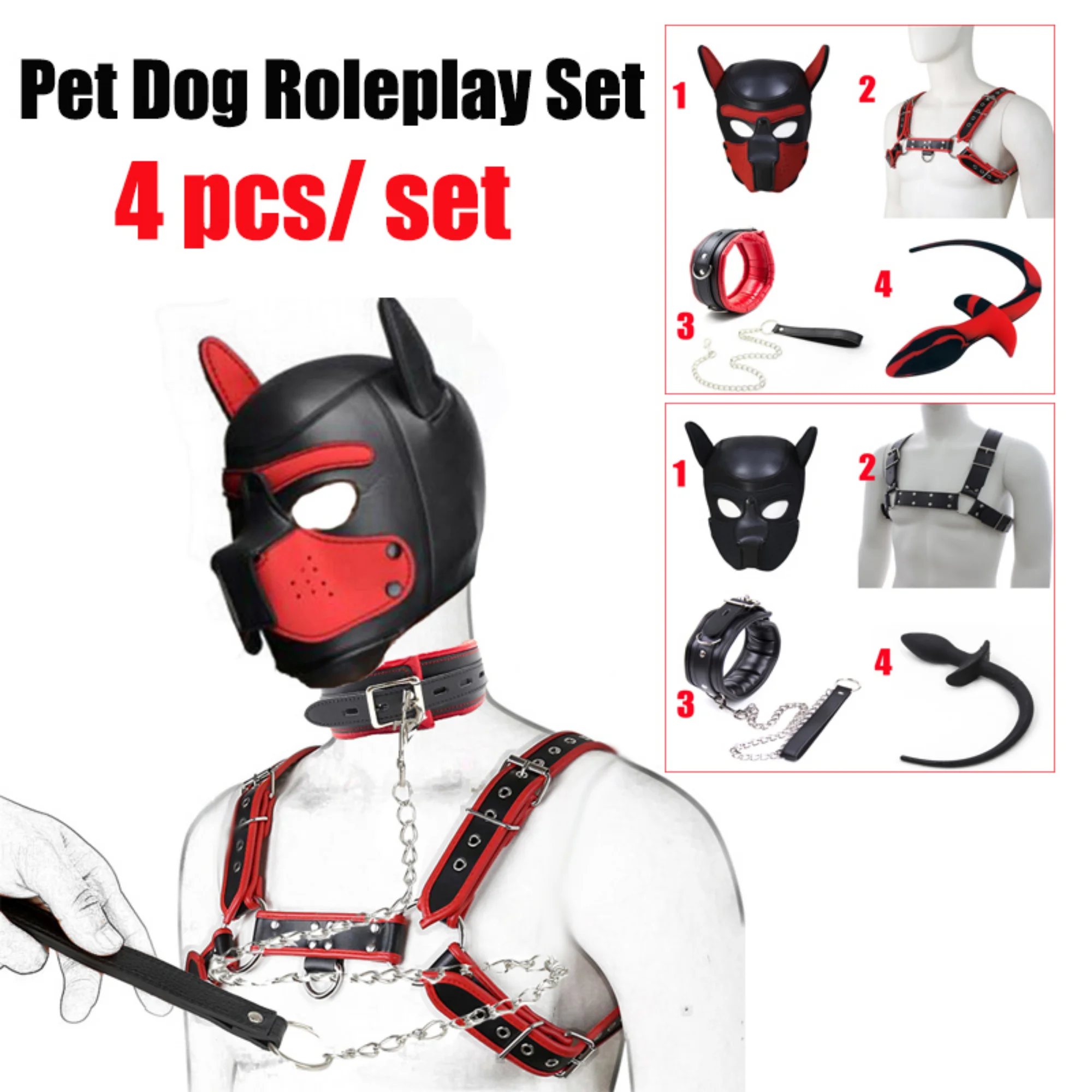 Bdsm Pet Roleplay Set  Dog Hood Mask Party Play Mask Leather Male Chest Harness Strap Dog Tail Plug Neck Collar Sex Toy Erotic