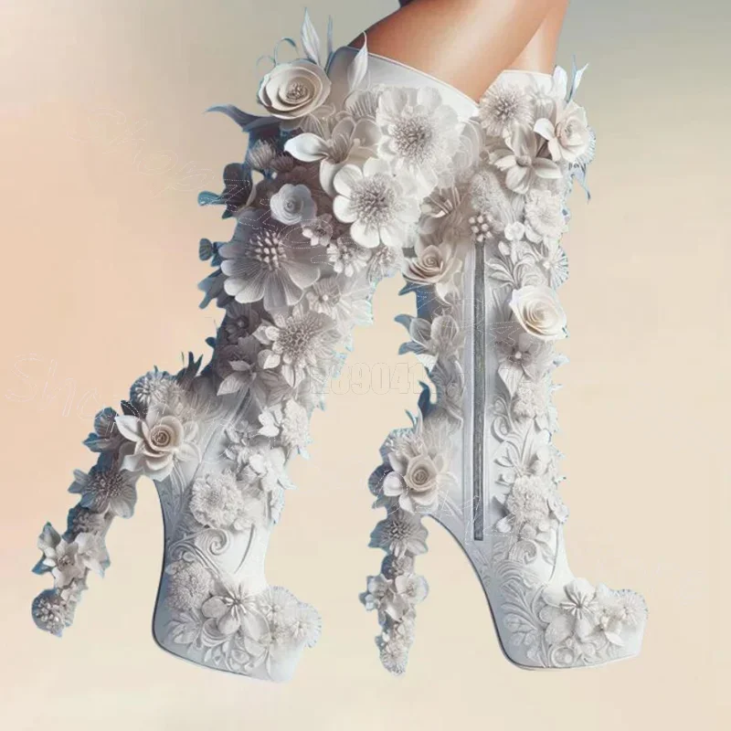

White Appliques Round Toe Platform Boots Side Zipper Women Shoes Chunky High Heels Party Banquet Dating 2025 Zapatos Para Mujere
