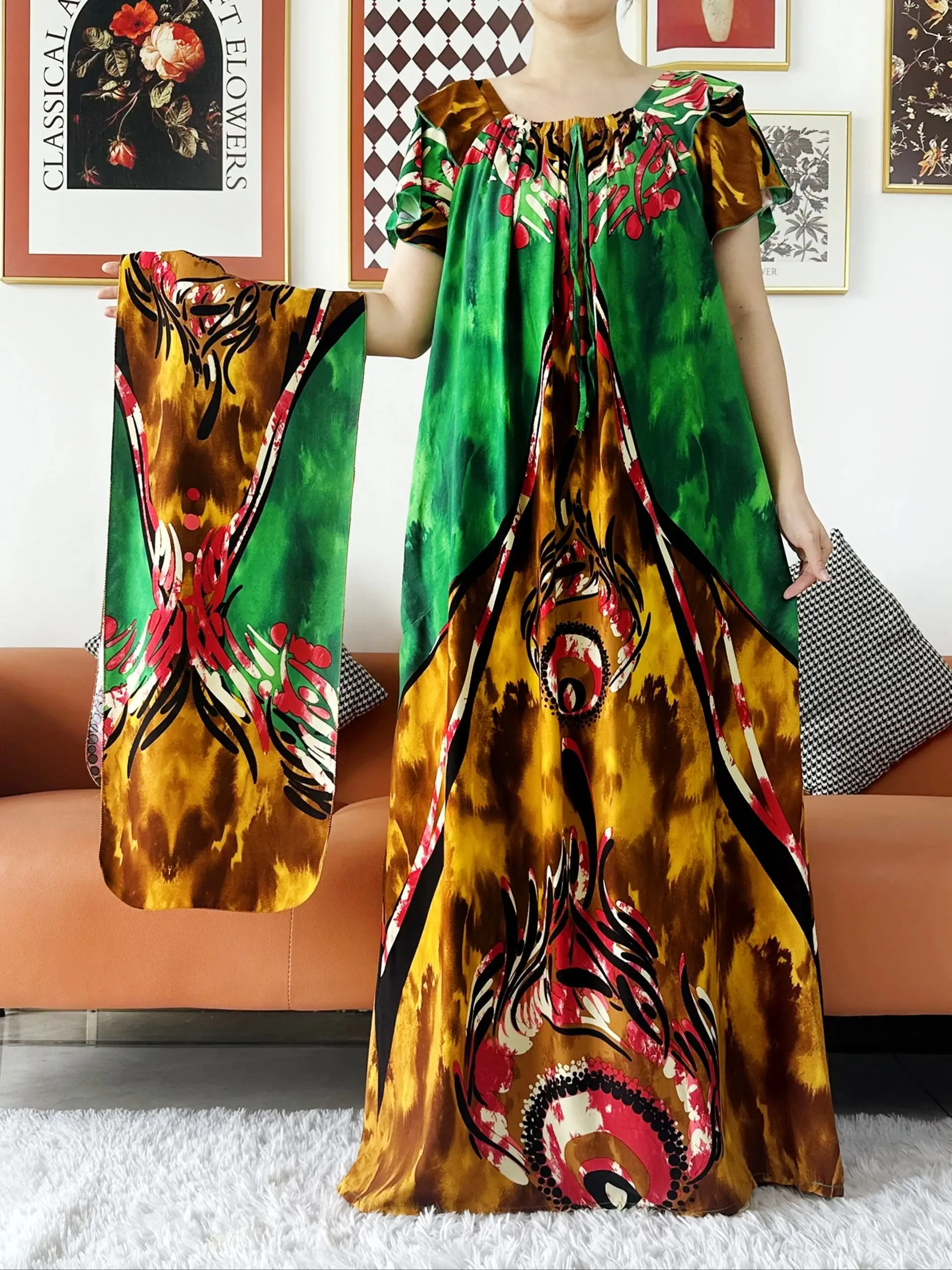 2024 Nowa muzułmańska abaja dla kobiet Boat Neck African Cotton Maxi Printed Loose Floral Boubou Maxi Islam Women Short Sleeve Abaya