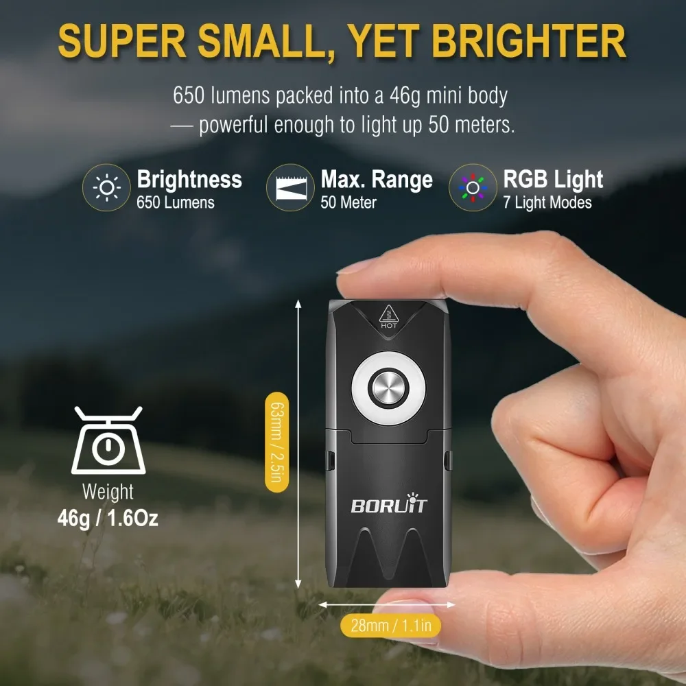 BORUiT EV25 650LM EDC Senter LED Tipe-C Isi Ulang 500mAh Lampu Kerja RGB dengan Magnet Senter Saku untuk Berkemah