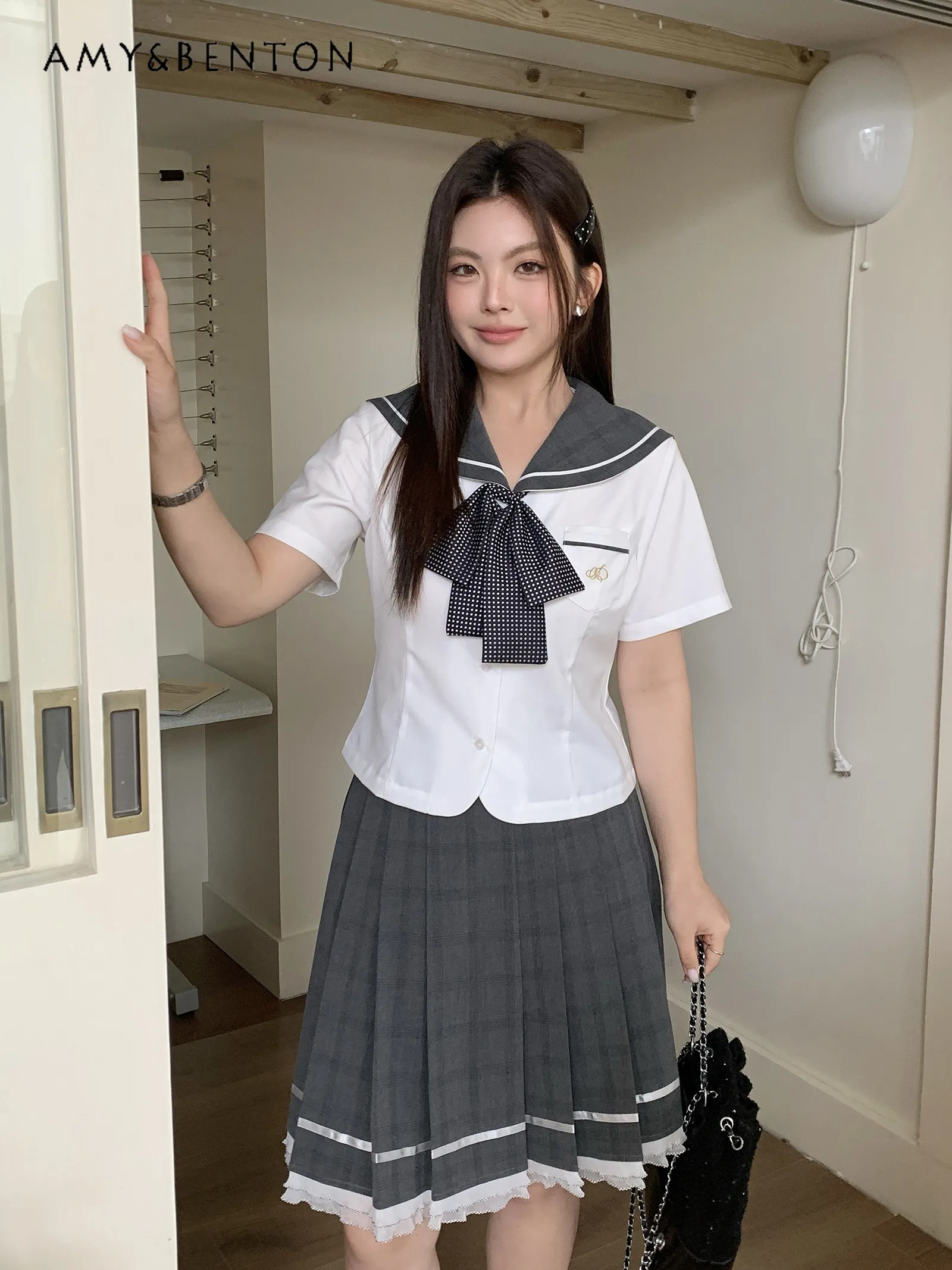 Korean Style Sweet Girl Plus Size JK Set Sailor Collar Short Sleeve Shirt High Waist Plaid Pleated Skirt Daily Outfit