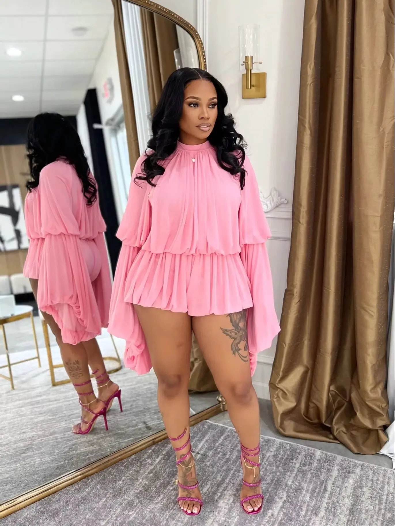 

Kliou Ruched Elegant 2 Piece Set Woman o-Neck Lantern Sleeve Tops+Elastic Waist Mini Skirts Street Casual Fashion Style Outfits