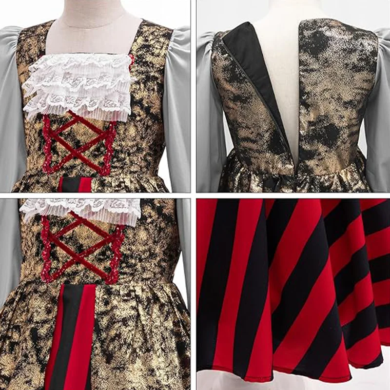 الفتيات يتوهم حزب القراصنة فساتين الاطفال طباعة الدانتيل طويلة الأكمام فستان الأميرة للأطفال عيد الميلاد كرنفال هالوين منتفخ ثوب