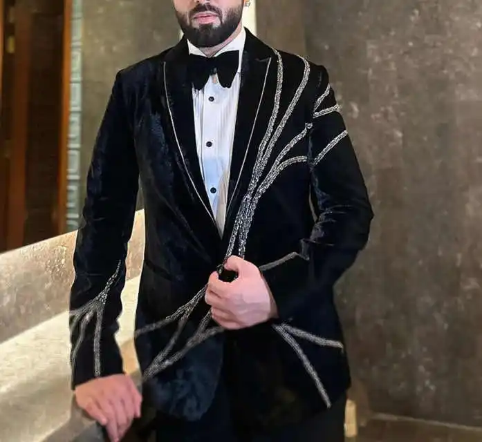 Vintage Man Tuxedos Velvet Beaded 2 Pcs Jacket Pants Wedding Suit Classic Single Breasted Evening Groom Party Outfits Customized