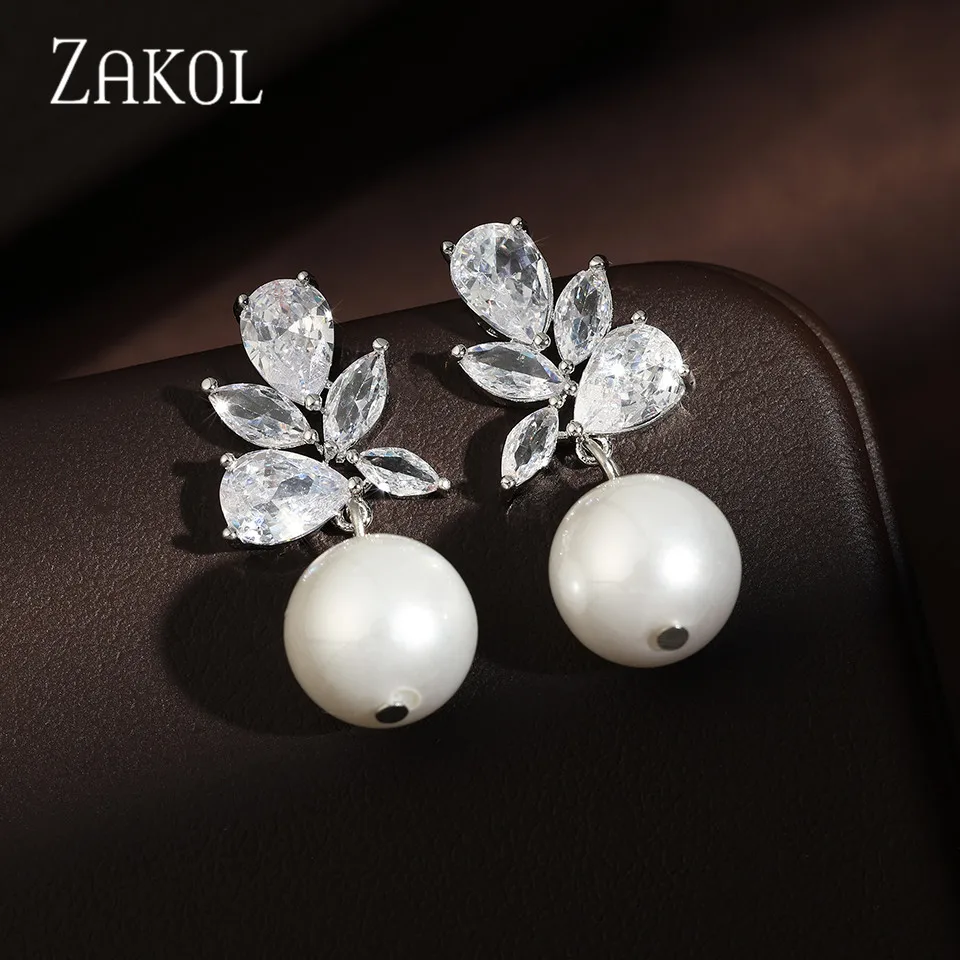 ZAKOL Minimalist Imitation Pearl Round Drop Earrings for Women Cubic Zirconia Leaf Bride Wedding Ear Jewlery Stylish Charm