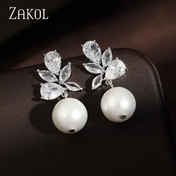 ZAKOL Minimalist Imitation Pearl Round Drop Earrings for Women Cubic Zirconia Leaf Bride Wedding Ear Jewlery Stylish Charm