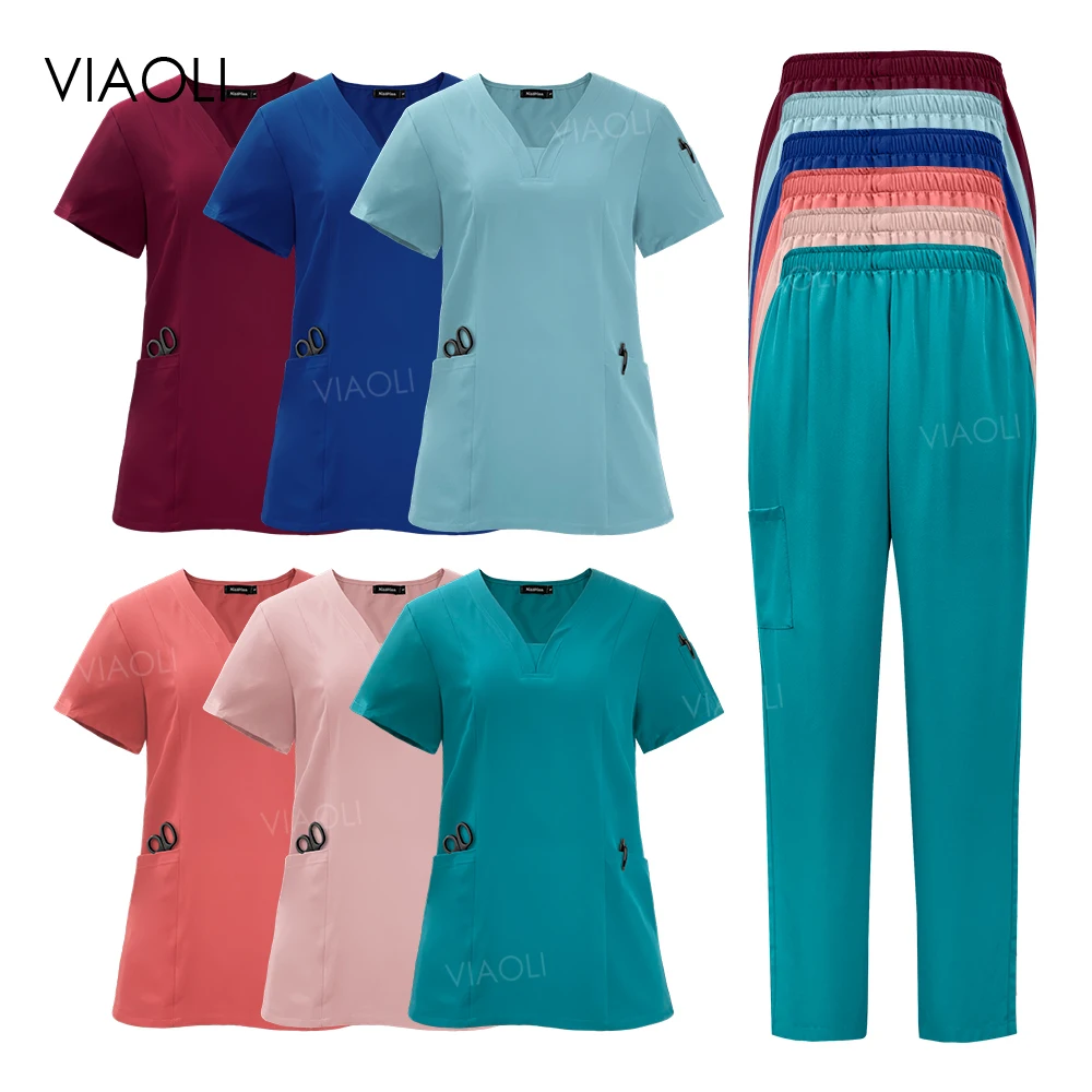 Women’s Surgical Scrubs High Quality Medical Nursing Scrub Sets Short Sleeved Top+pants Beauty Salon Dental Clinic Nurse Uniform