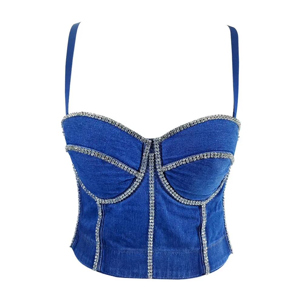 

Sexy Vintage Denim Rhinestone Chains Bralette with Corset Waist and Fishbone Design Party Clubwear Underwear Women Push Up Bra