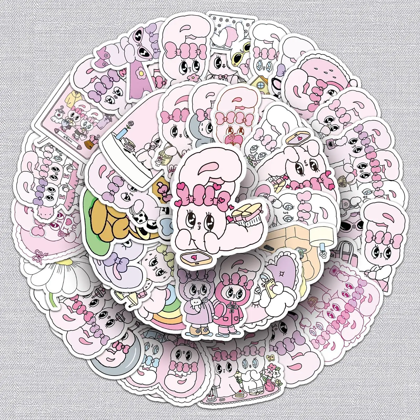 50Pcs Cute Rabbit Stickers, Girly Aesthetic Cartoon Illustration DIY Graffiti Decals for Journal, Tablet, Headphones, Laptop