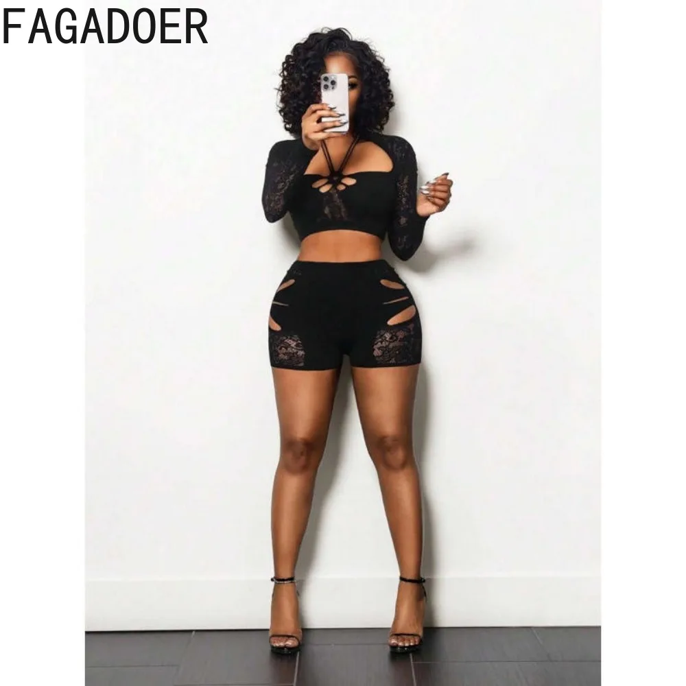 FAGADOER Women Sexy Mesh See Through Shorts 2 Piece Sets Fashion Hollow Out Patchwork Long Sleeves Top + Bodycon Shorts Outfits
