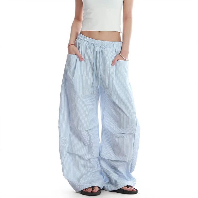 Y2K Striped Pants Contrast Low Waist Wide Leg Straight Floor Length Loose Casual for Women Summer