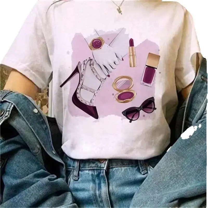 Summer High Heels Letter-printed Round Neck European American Women Short-slee Casual T-shirt Tops polyester fabric