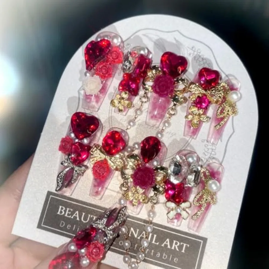 

Luxury Press on Nails - Long Coffin Fake Nails 3D Handmade Cute Pink Reusable False Nails with Rhinestone Designs, DIY Artifici