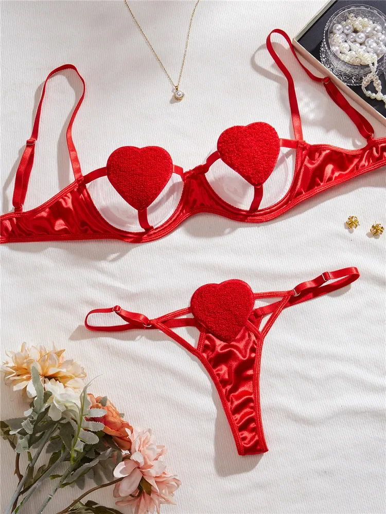 

Sexy Bra Brief Sets Women Heart-Shaped Hollow Out Romantic Lingerie Fairy Fancy Underwear Thong Sensual See Through Exotic Sets
