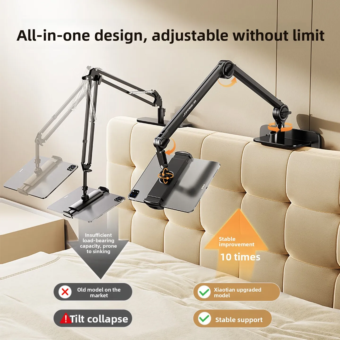 Hidden No Install Tablet Phone Bed Stand Folding Boom Arm Holder for Hands Free Video Viewing Bedroom Universal Device 태블릿 거치대