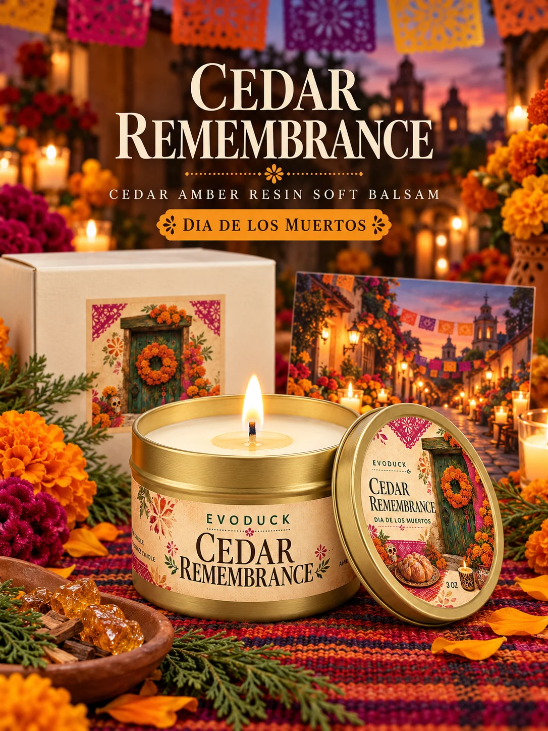 1pc Day of the Dead Candle Cedar Amber Scented Tin Candle 3oz with Gift Box, Memorial Candle Dia De Muertos Ofrenda Remembrance