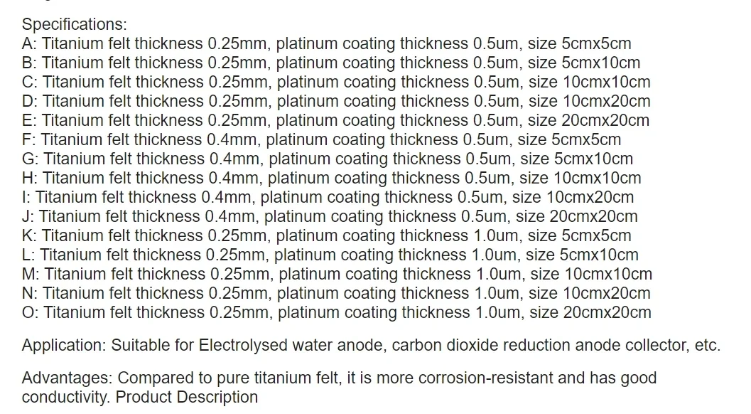 Electrolysed Water Anode Carbon Dioxide Reduction Anode Platinum Plated Titanium Mesh Substrate Felt 0.5um 1um Coating Pt