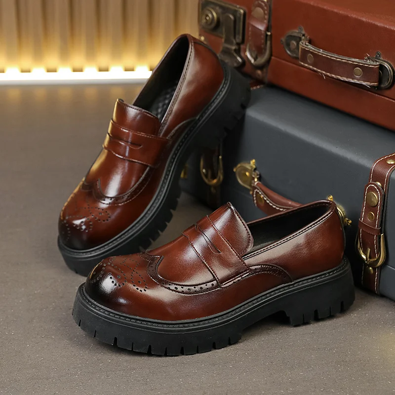 Autumn Brown Men Formal Business Shoes Casual Slip-on Platform Loafers Man Round Toe Brogue Leather Shoes Men mocasines hombre