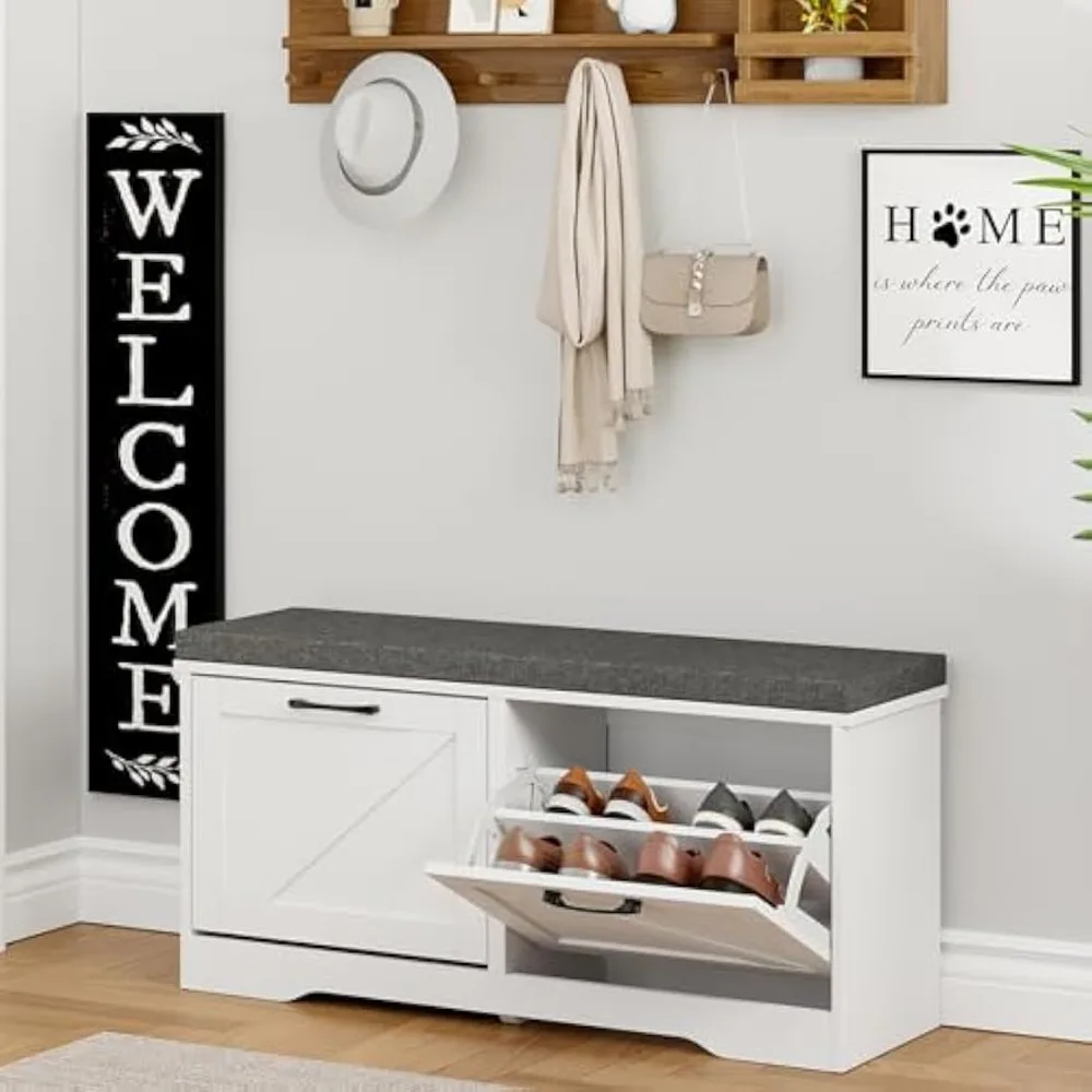 

Shoe Storage Bench with 2 Flip Drawers & Padded Seat Cushion, White Shoe Cabinet Storage for Entryway，13.8" D x 39.4" W x 18.9"