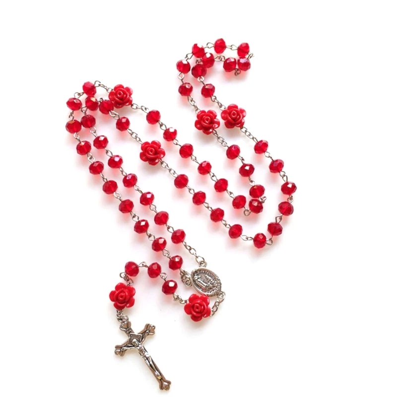 Rose Rosary Catholic Necklace for Cross Pendant Crucifix Prayer Religious Jewelr