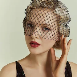Masquerade Mask For Women Rhinestone Fishnet Turban Party Bonnet Headpieces Sparkly Veils For Bride Head Mask Sexy Mesh Headwear
