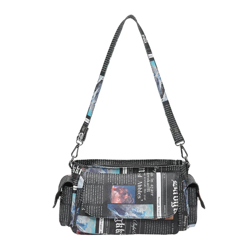Personality newspaper bag Summer 2024 new Korean edition fashion print trend women's shoulder underarm bag pu