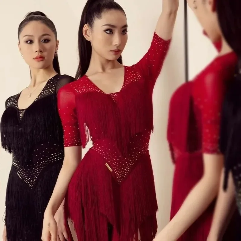 

Adult Latin Dance Outfit short Sleve Practice Dress Performance Costume Set Sensation Adult Dance Skirt Workout Clothes