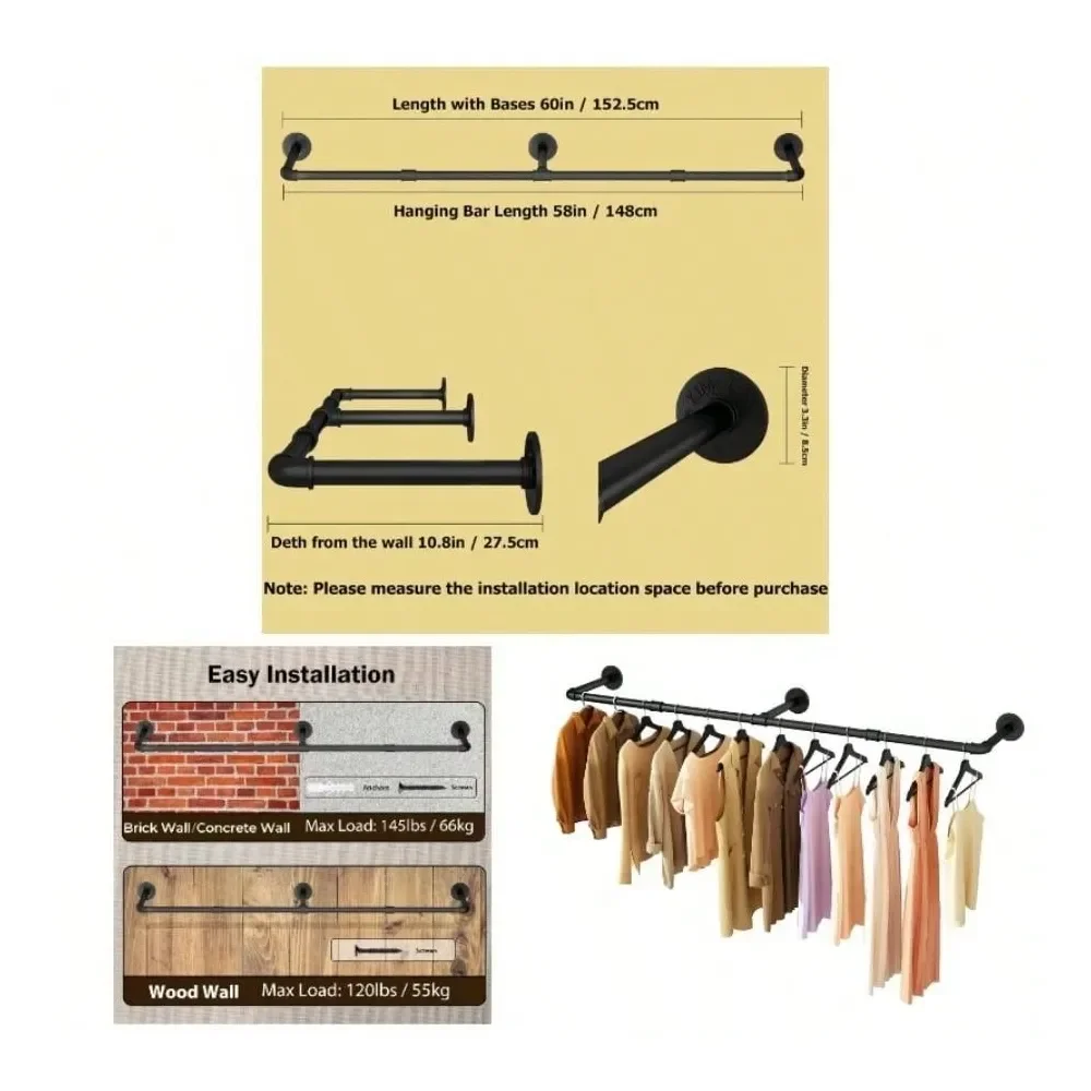 

Настенная вешалка для одежды 72,5 дюйма, промышленная трубчатая вешалка для одежды, настенная, сверхпрочная, съемная, железная, экономит место, M