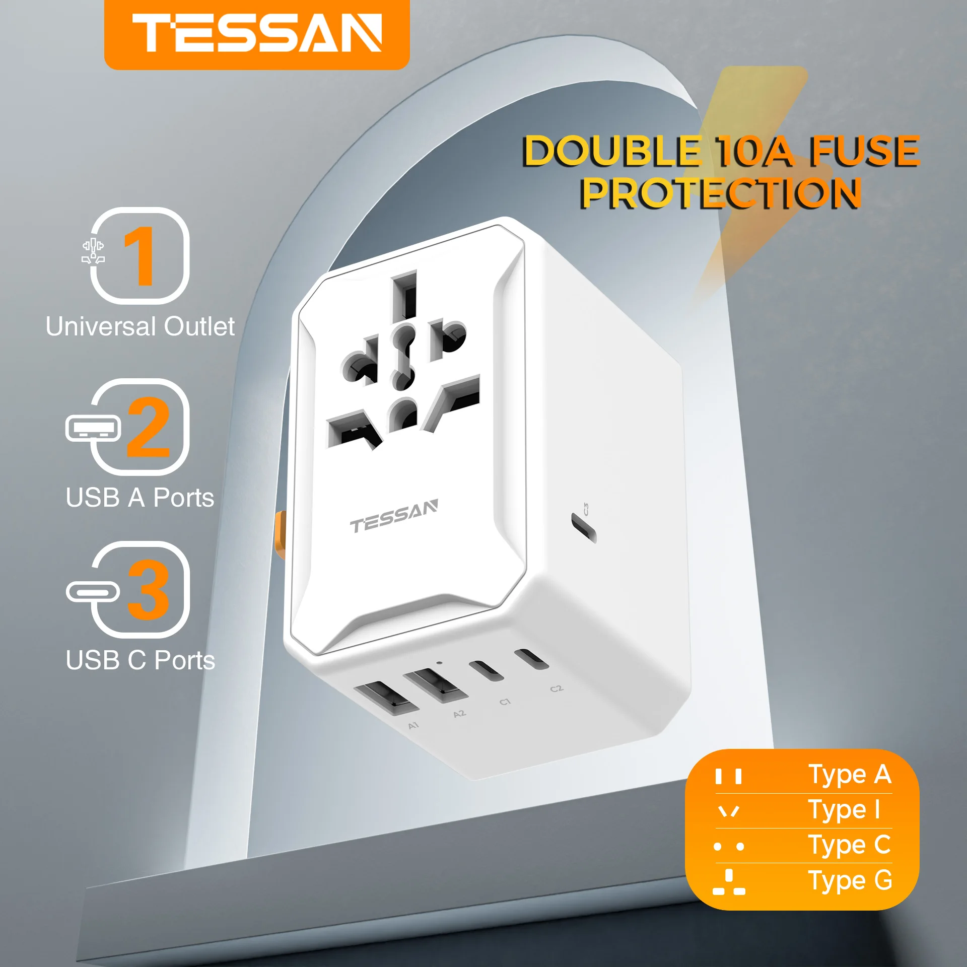 

Универсальный адаптер для путешествий TESSAN 28W с 2 USB-портами + 3 портами Type C, мини-адаптер для зарядки с международными вилками для США, ЕС, Великобритании, Австралии.