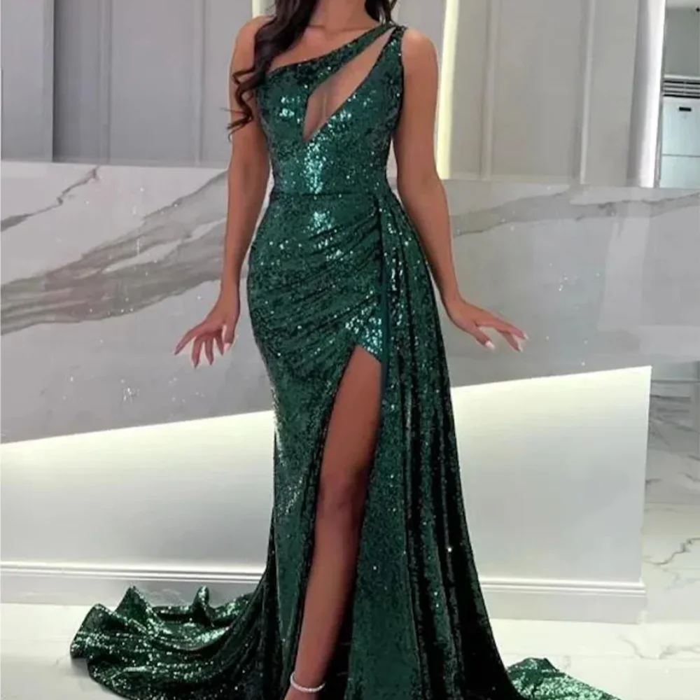 Vestido de noche con abertura de lentejuelas para mujer, Sexy, verde oscuro, un hombro, cuello de cerradura, vestido de baile de sirena, ocasiones formales árabes