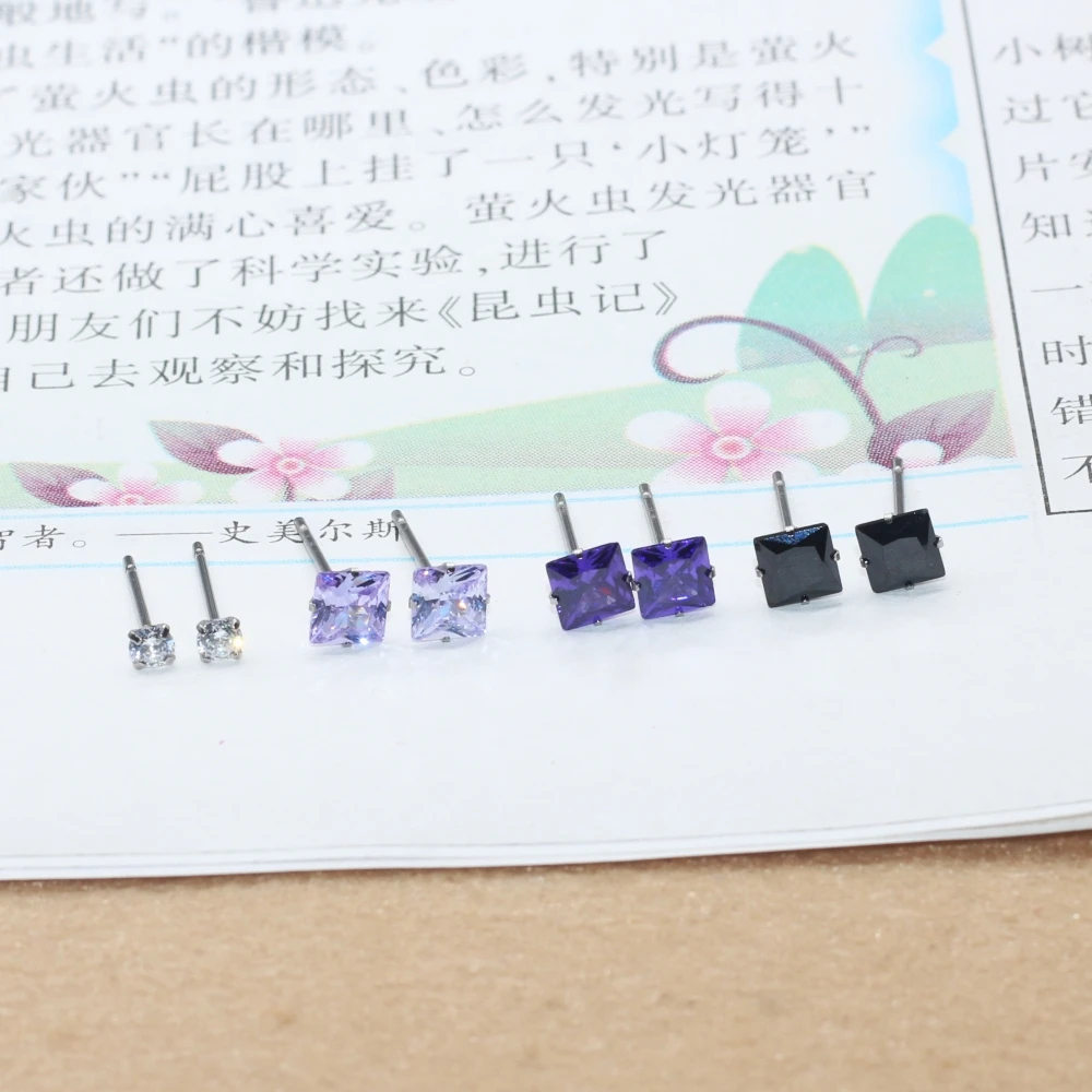 Stainless Steel Stud Earrings With 5mm AAA Purple Black Square Zircons Brief Style For Men Women
