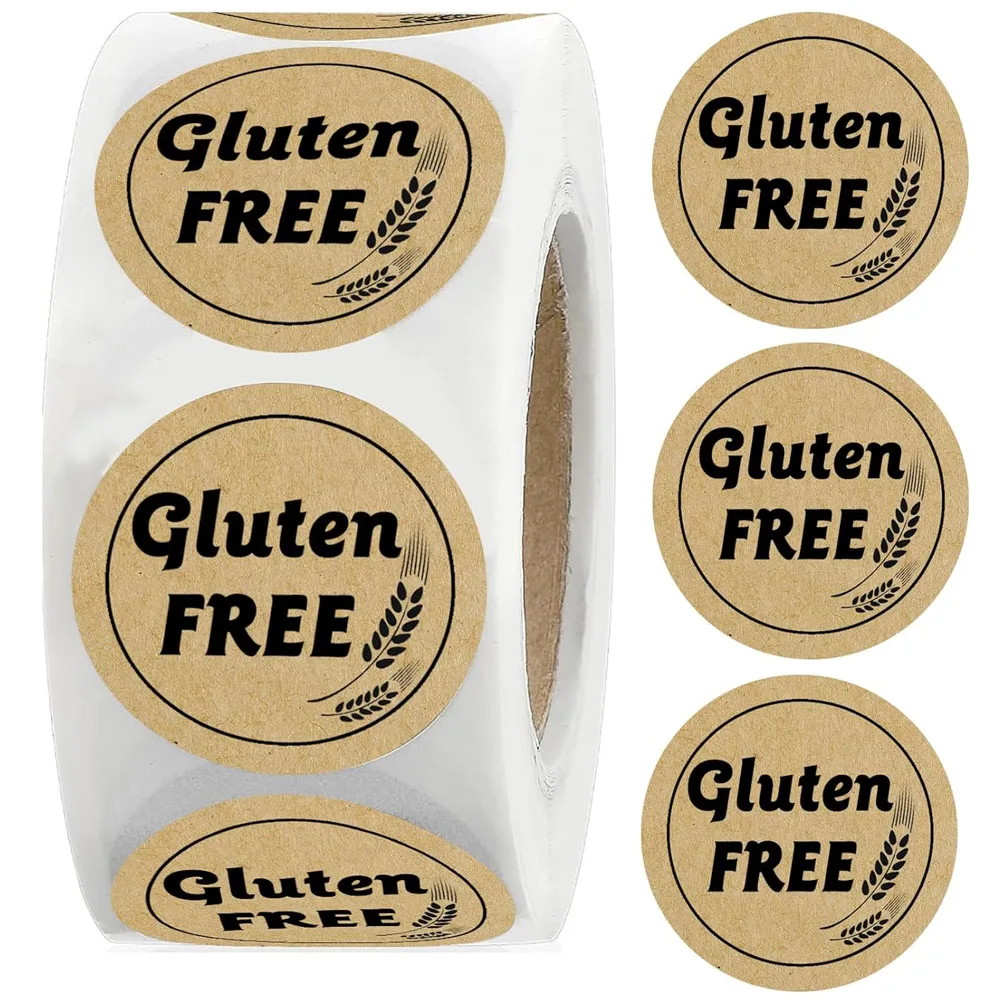 1 inci bebas Gluten stiker Kraft coklat Label makanan Gluten untuk makanan gratis Gluten paket ritel 500 buah