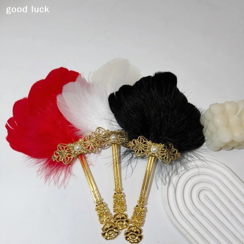 Gold Handle Feather Hand Fan Colorful Vintage Ornate Fluffy Feather Fan Chinese Style Fairy Fan Dance Fan Stage Performances
