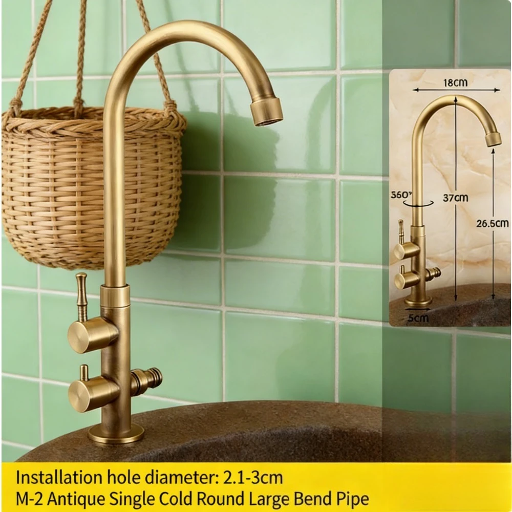 

Light luxury texture brass rotating faucet, retro and old craft bathroom basin hot and cold double control faucet