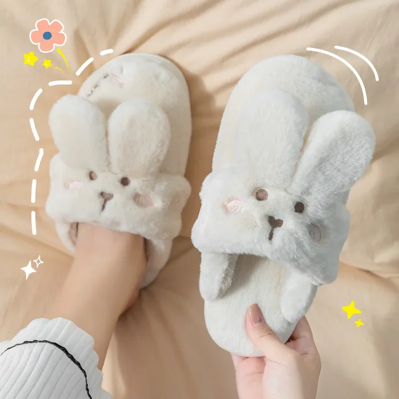 New Indoor Cotton Slippers Women Men Winter Warm Shoes Soft Plush Flats Cute Cartoon Rabbit Bear Female Male Home Floor Footwear