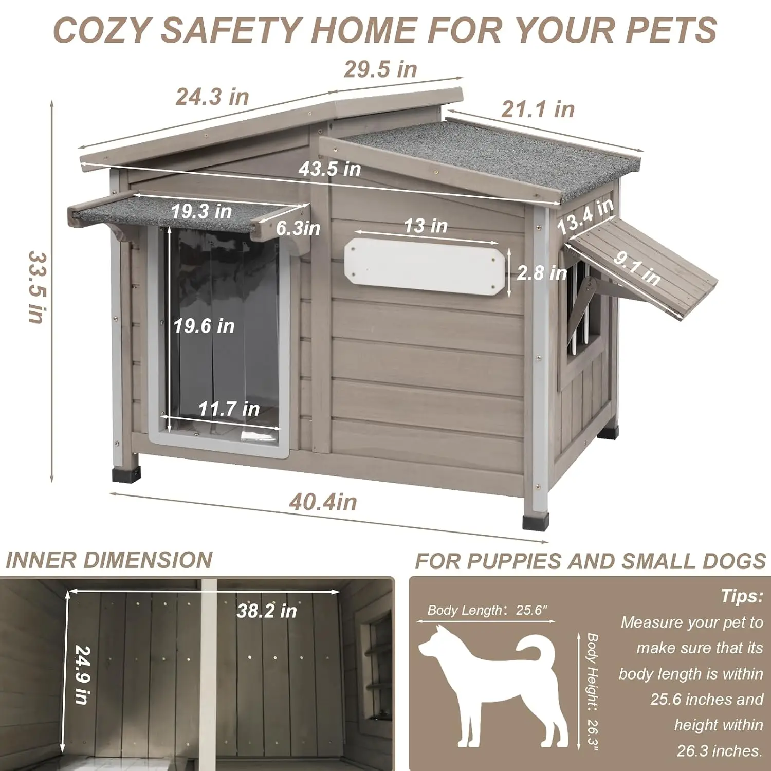 Dog House Outdoor Weatherproof for Small, Medium, and Large Dogs (Grey, 44