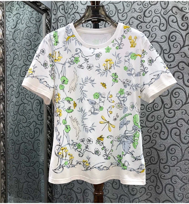 

100%Cotton T-Shirt 2024 Summer Fashion Tops & Tees High Quality Clothes Women Elegant Floral Print Short Sleeve White Top Tshirt